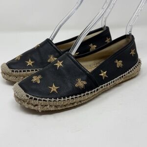 GUCCI Women's Shoes Star & Bee Pattern Black Leather SZ 38.5 (8.5 US) Espadrille